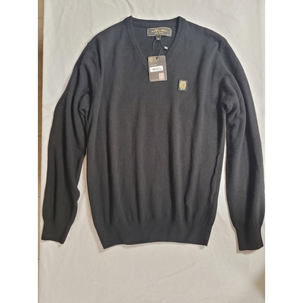 AC Milan Est 1899 V-Neck Black Knit Sweater Mens M Pullover Wool Blend